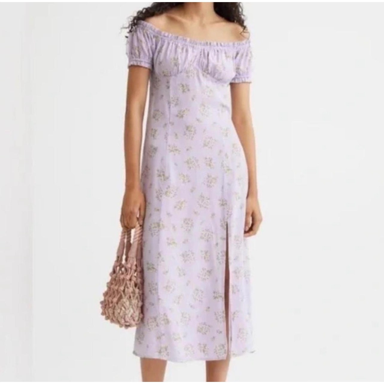 H&M Floral Maxi Dress Xl Purple Cottagecore Puff Sleeve Side Slit Nwt